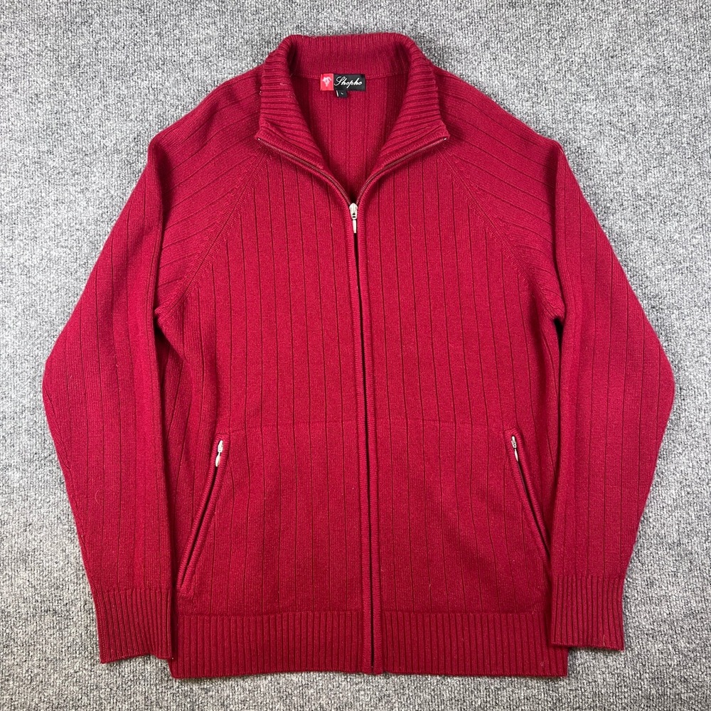 Shephe 100% Cashmere Sweater Mens L Red Full Zip Cardigan Ribbed Soft